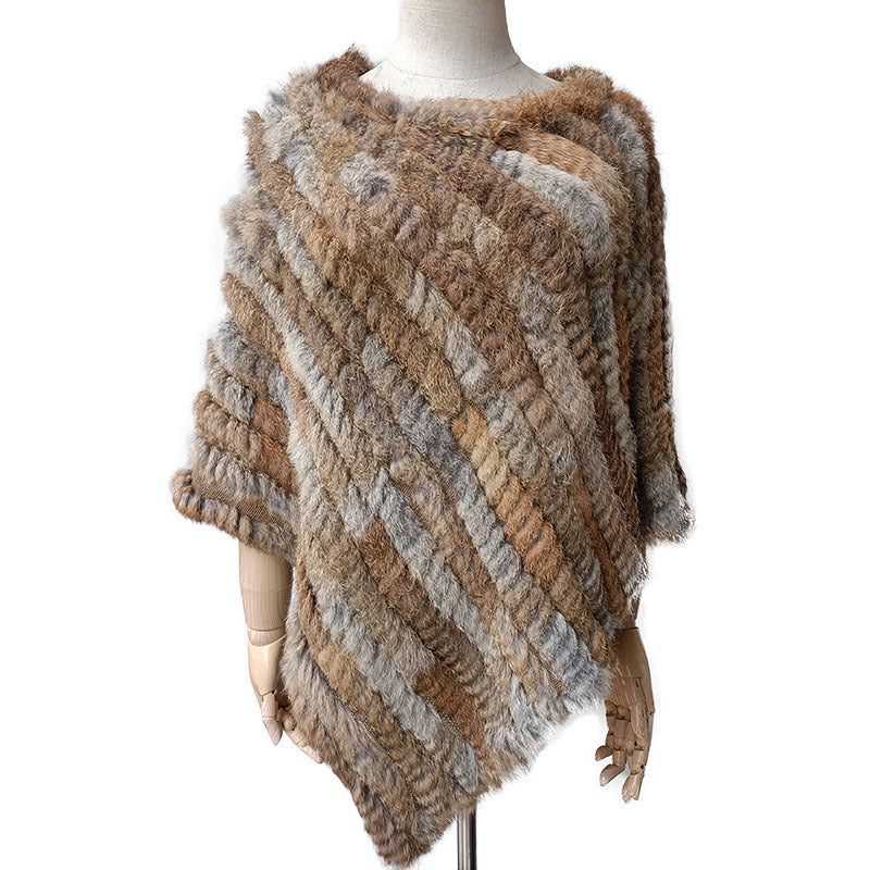 Women's Faux-Fur Knitted Poncho Cape Asymmetric Hem Fluffy Wrap Shawl