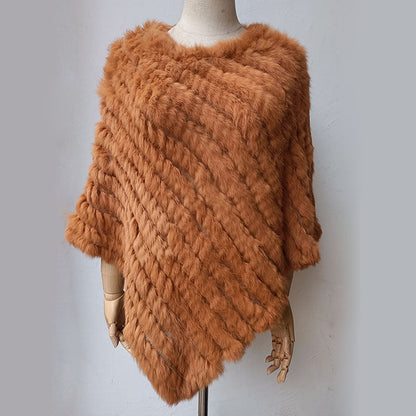 Women's Faux-Fur Knitted Poncho Cape Asymmetric Hem Fluffy Wrap Shawl