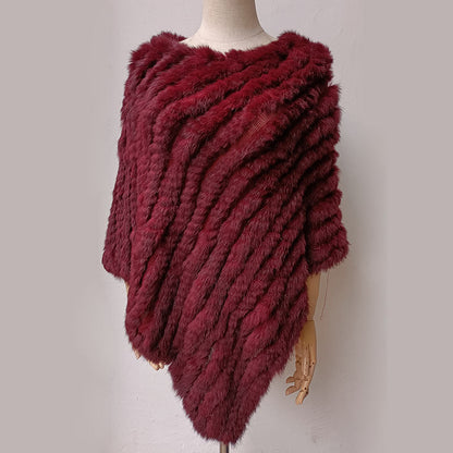 Women's Faux-Fur Knitted Poncho Cape Asymmetric Hem Fluffy Wrap Shawl