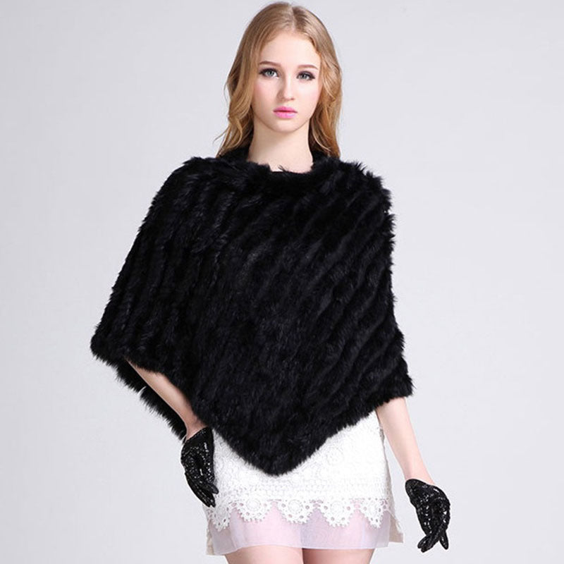 Women's Faux-Fur Knitted Poncho Cape Asymmetric Hem Fluffy Wrap Shawl