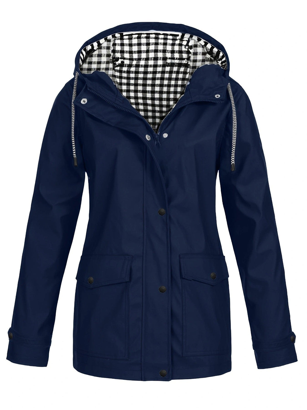 Women's Waterproof Hooded Rain Jacket Check Lined Snap Button Outdoor Coat