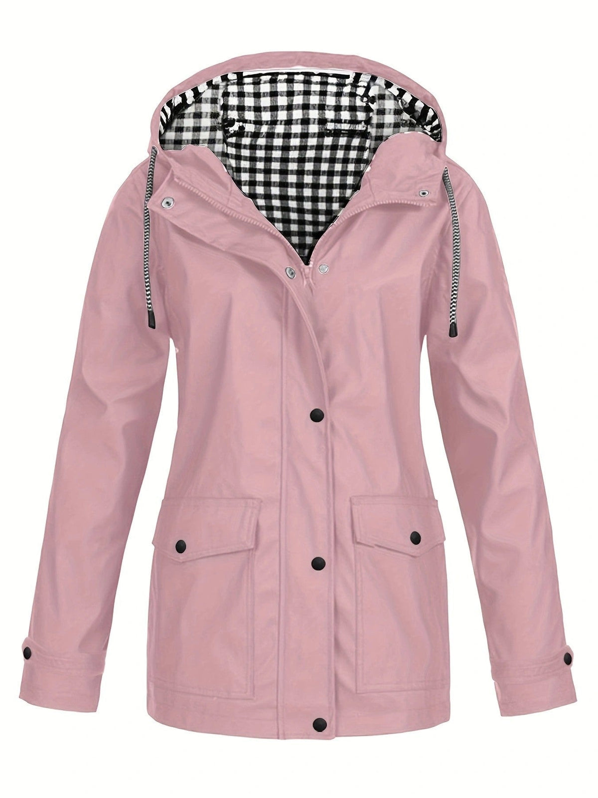 Women's Waterproof Hooded Rain Jacket Check Lined Snap Button Outdoor Coat