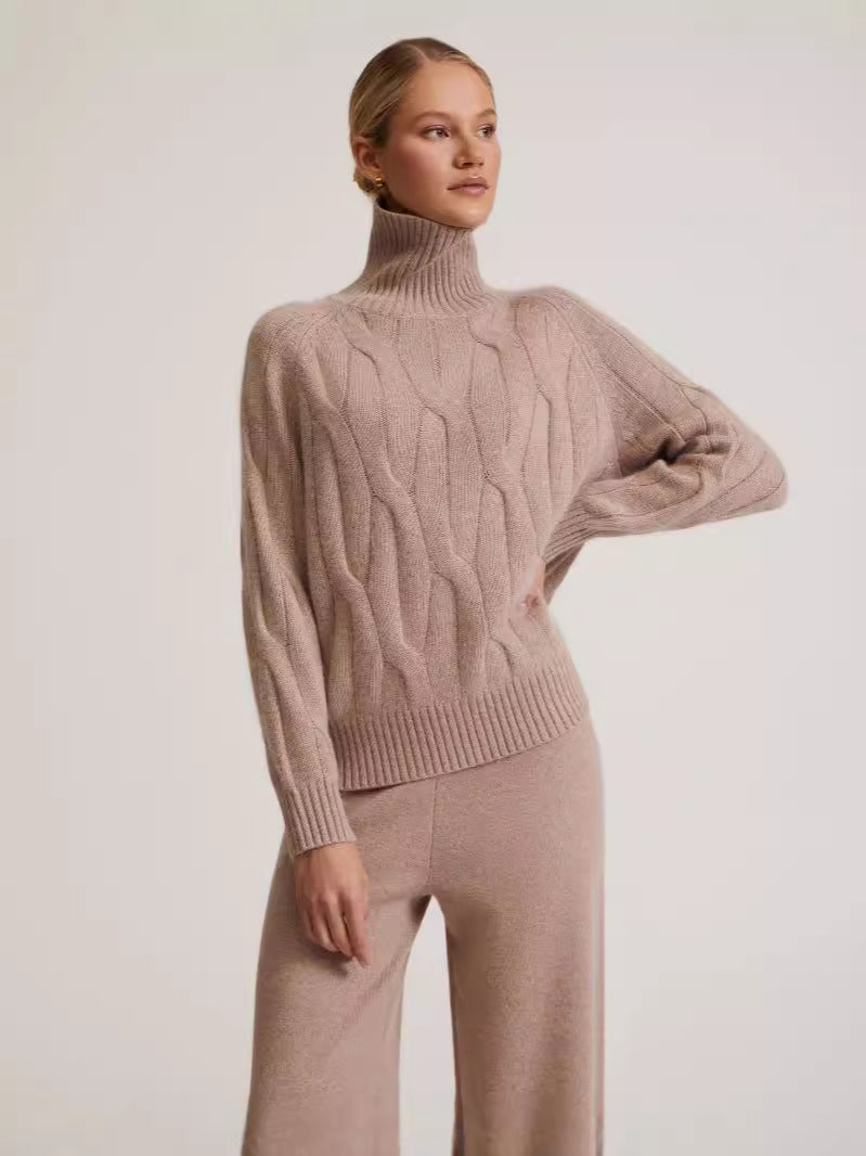 Women's Cable Knit Turtleneck Sweater and Wide-Leg Pants Winter Set