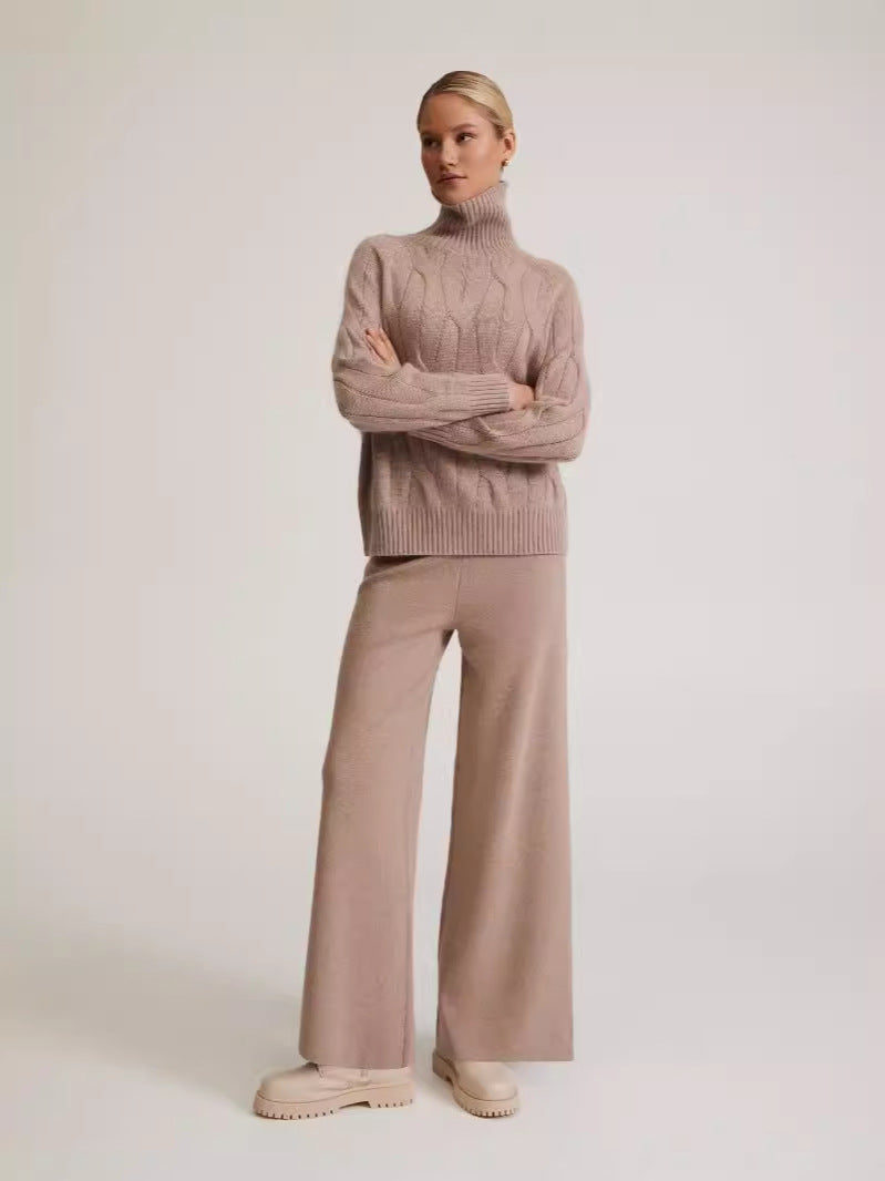 Women's Cable Knit Turtleneck Sweater and Wide-Leg Pants Winter Set