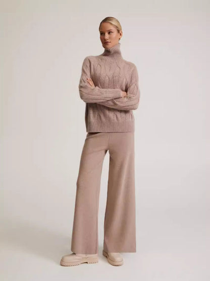 Women's Cable Knit Turtleneck Sweater and Wide-Leg Pants Winter Set