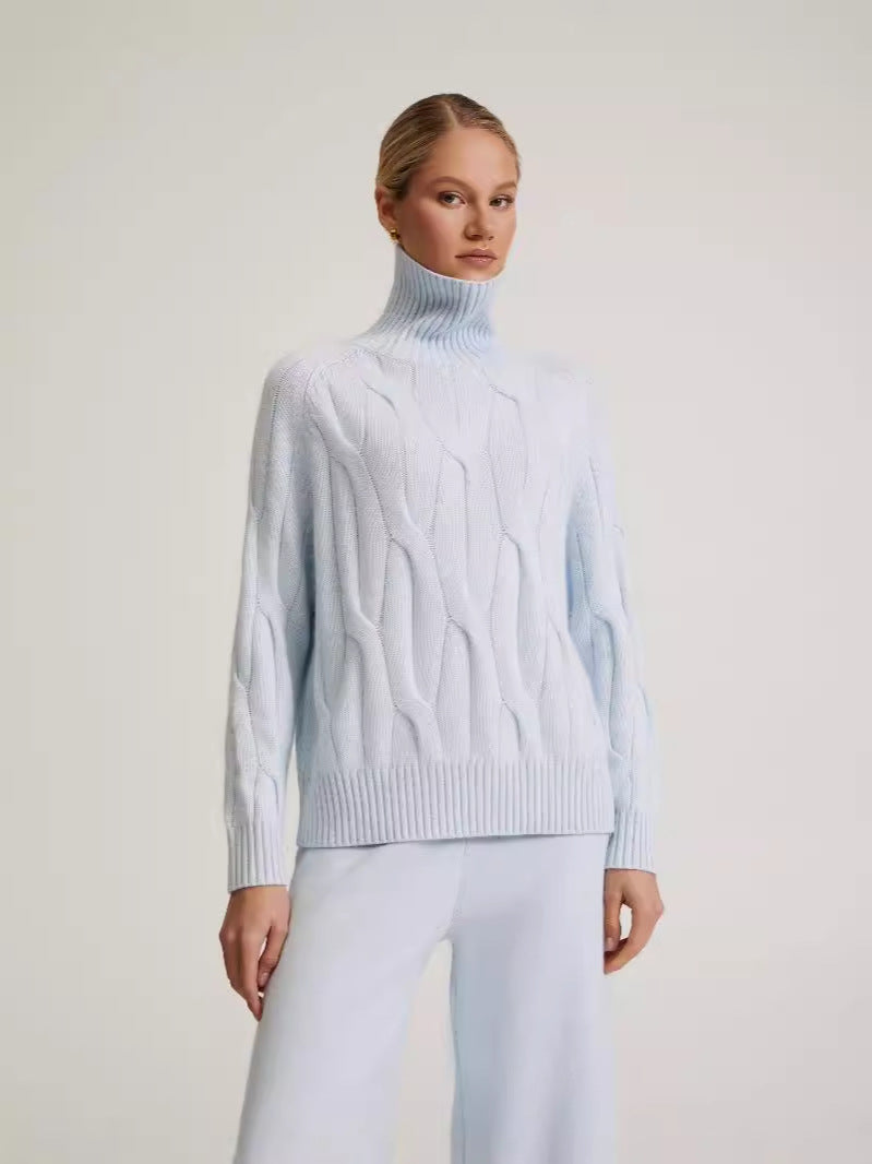 Women's Cable Knit Turtleneck Sweater and Wide-Leg Pants Winter Set