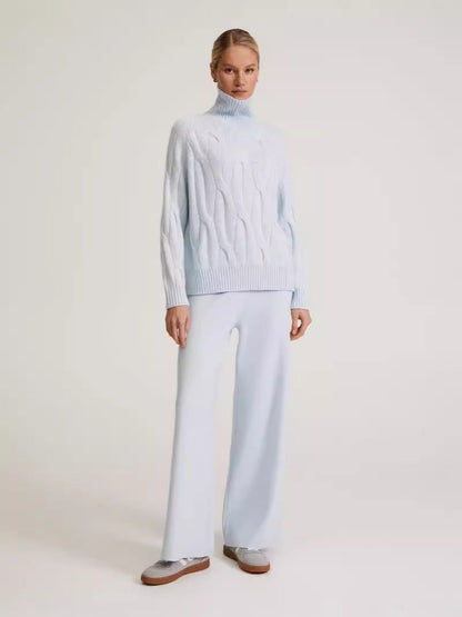 Women's Cable Knit Turtleneck Sweater and Wide-Leg Pants Winter Set