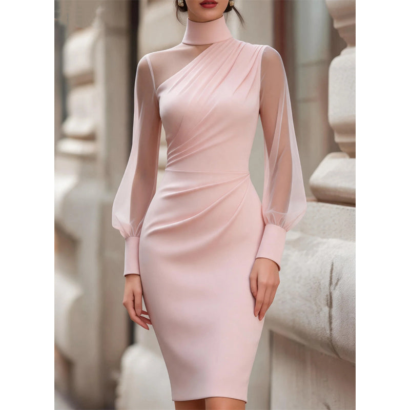 Mesh Sleeve Mock Neck Midi Dress