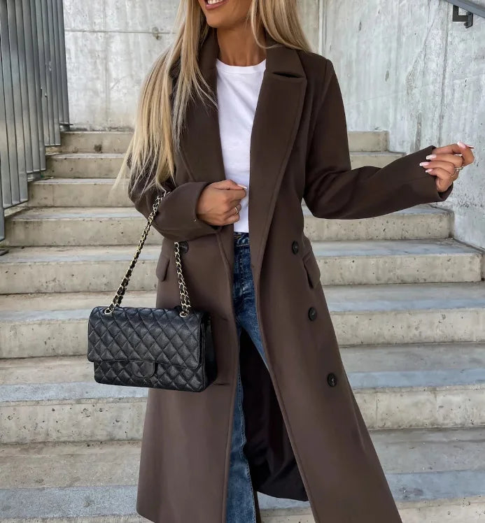 Women's Belted Double-Breasted Coat in Chocolate