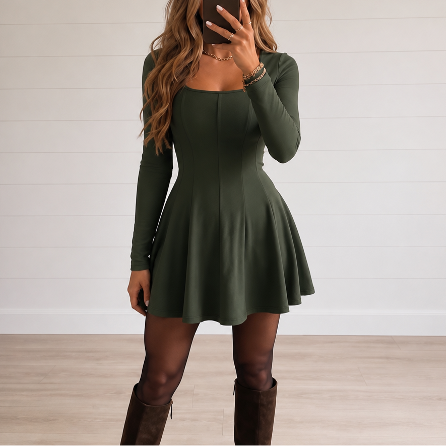 Square Neck Long Sleeve Mini Dress