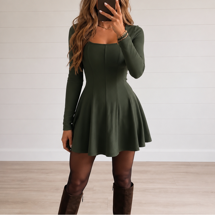 Square Neck Long Sleeve Mini Dress